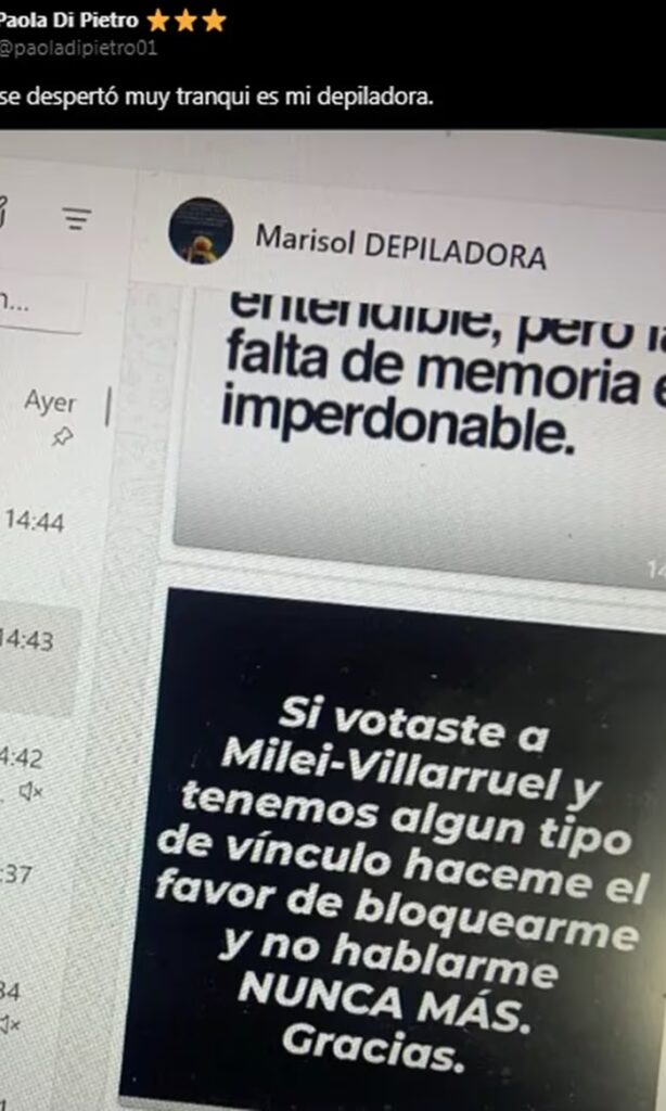 Una joven compartió el duro mensaje que posteó la mujer indignada con sus clientes y conocidos por votar Milei.